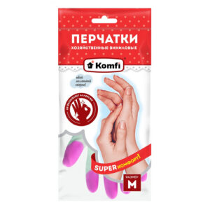 Перчатки виниловые хозяйственные размер "М", в ассортименте Komfi PVHCLR2