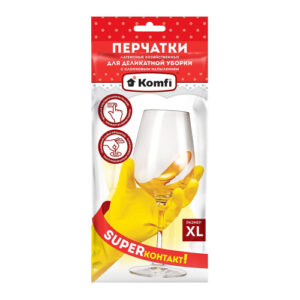 Перчатки резиновые (латексные) с хлопчатобумажным напылением для деликатной уборки размер "XL" желтые Komfi DGL019L