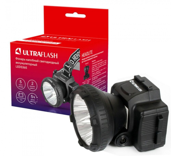 Фонарь налобный аккумуляторный светодиодный 5LED, 2 режима работы, черный Ultraflash LED5365