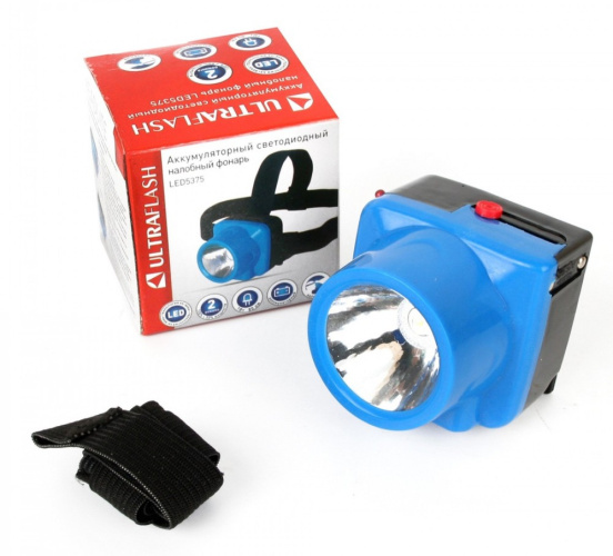 Фонарь налобный аккумуляторный светодиодный 1LED, 2 режима работы, голубой Ultraflash LED5375