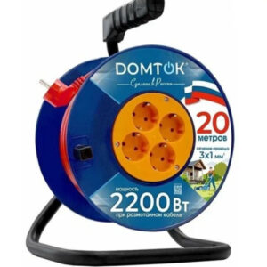Удлинитель силовой на катушке 20м 4 розетки 10А с заземлением, ПВС 3 х 1, 2200Вт Domtok 2441
